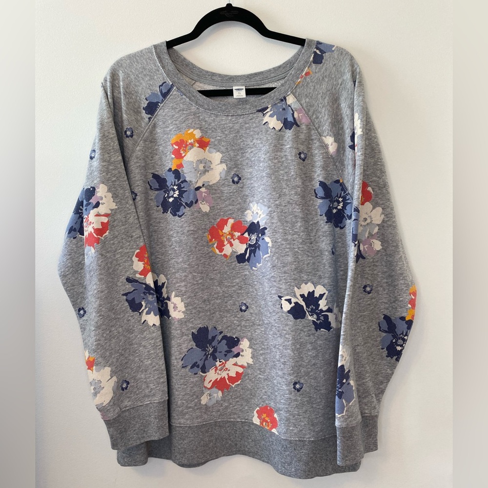 Old Navy Gray Floral Crewneck Sweater with Blue, White, Red & Yellow Accents